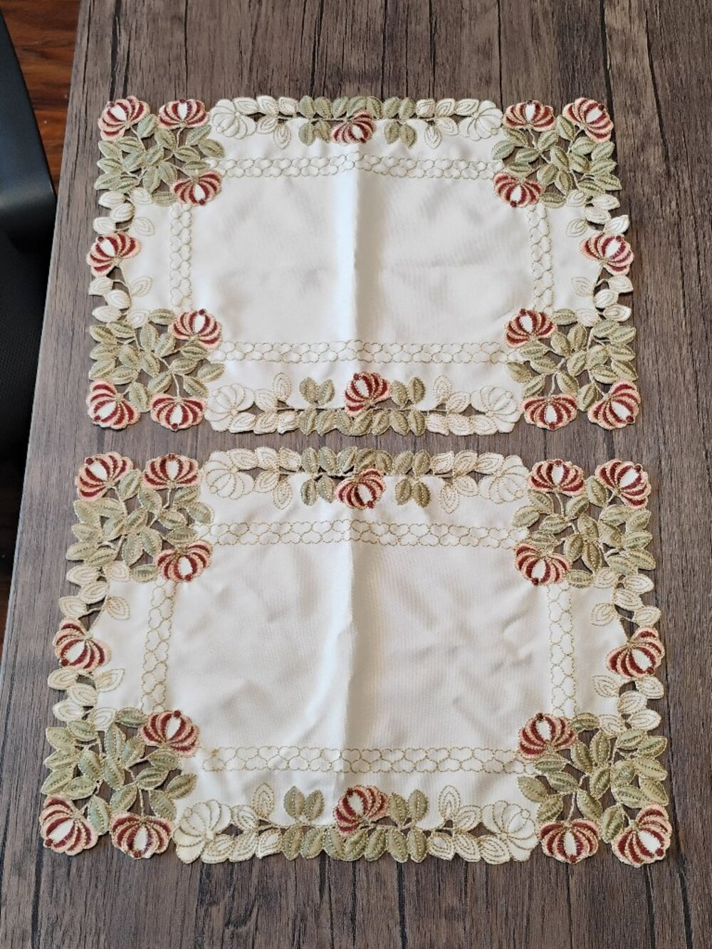 Vintage Floral Embroidered Cutwork Placemats Cream Rose Lace Set of 2, Cottage